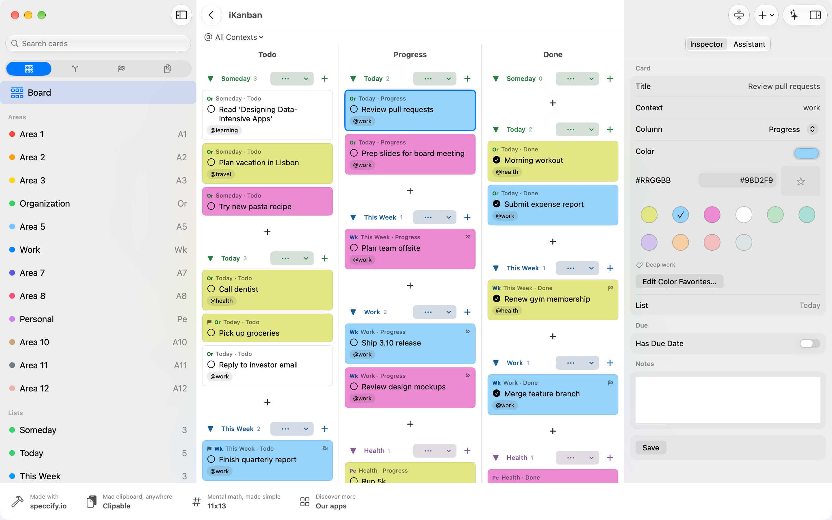 iKanban 4.0 on Mac: Kanban workspace with sidebar, board and inspector